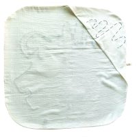 Back side of muslin baby hooded towel with embroidered detail