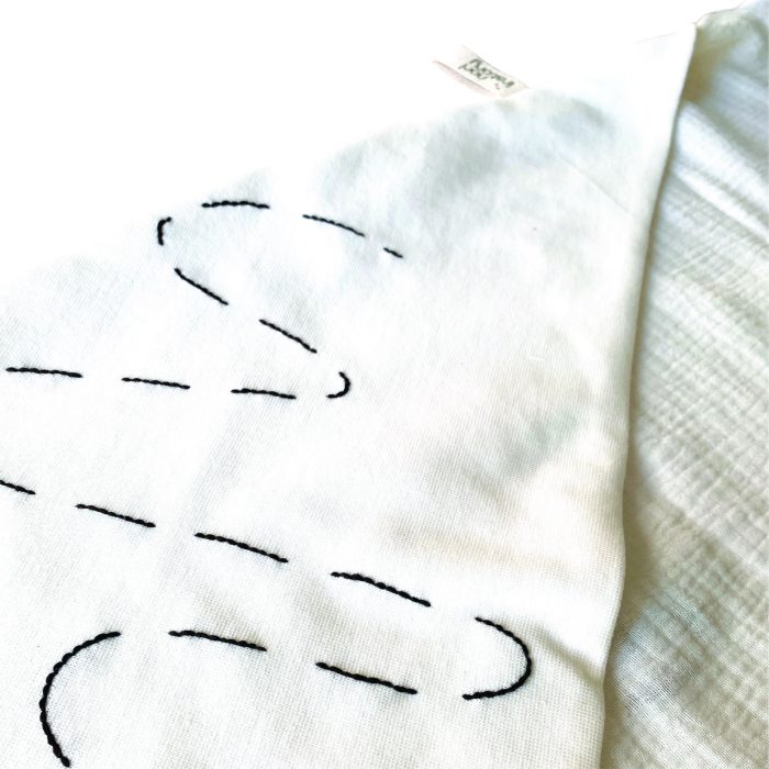 Close-up embroidery stitching on muslin baby hooded towel